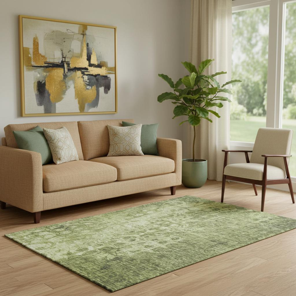 649998 5 x 8 ft. Olive Green & Ivory Ikat Washable Machine Made Rectangle Area Rug with UV Protection