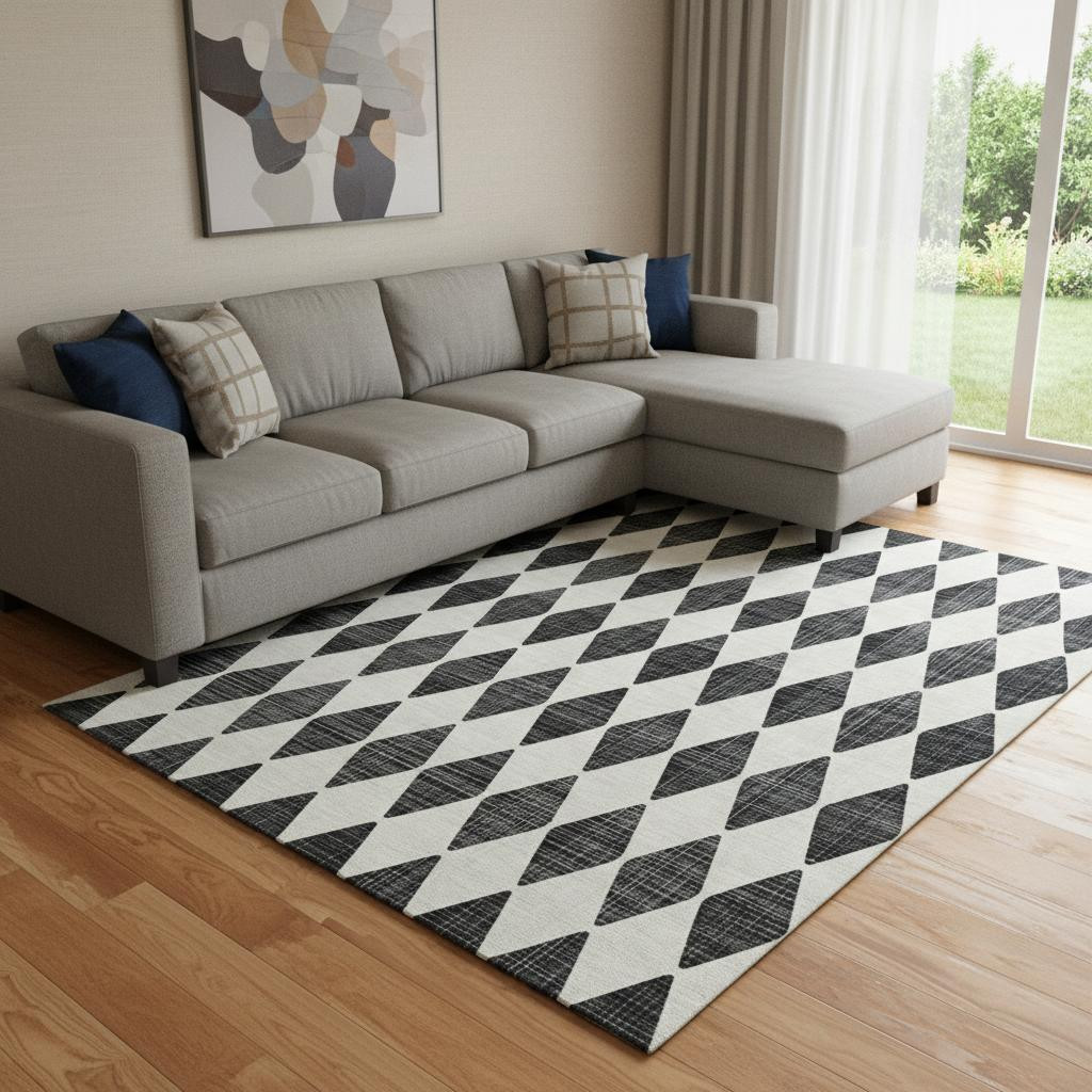 650026 10 x 14 ft. Black & Ivory Diamond Washable Machine Made Rectangle Area Rug with UV Protection