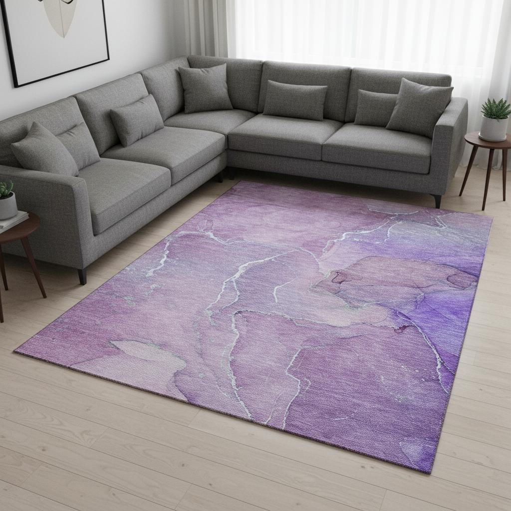 646988 8 x 10 ft. Purple & Ivory Abstract Transitional Washable Machine Made Rectangle Area Rug with UV Protection