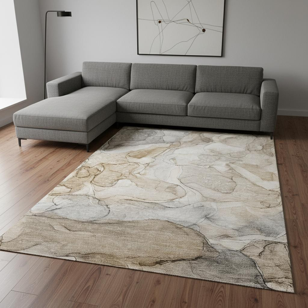 647002 10 x 14 ft. Beige & Ivory Abstract Transitional Washable Machine Made Rectangle Area Rug with UV Protection