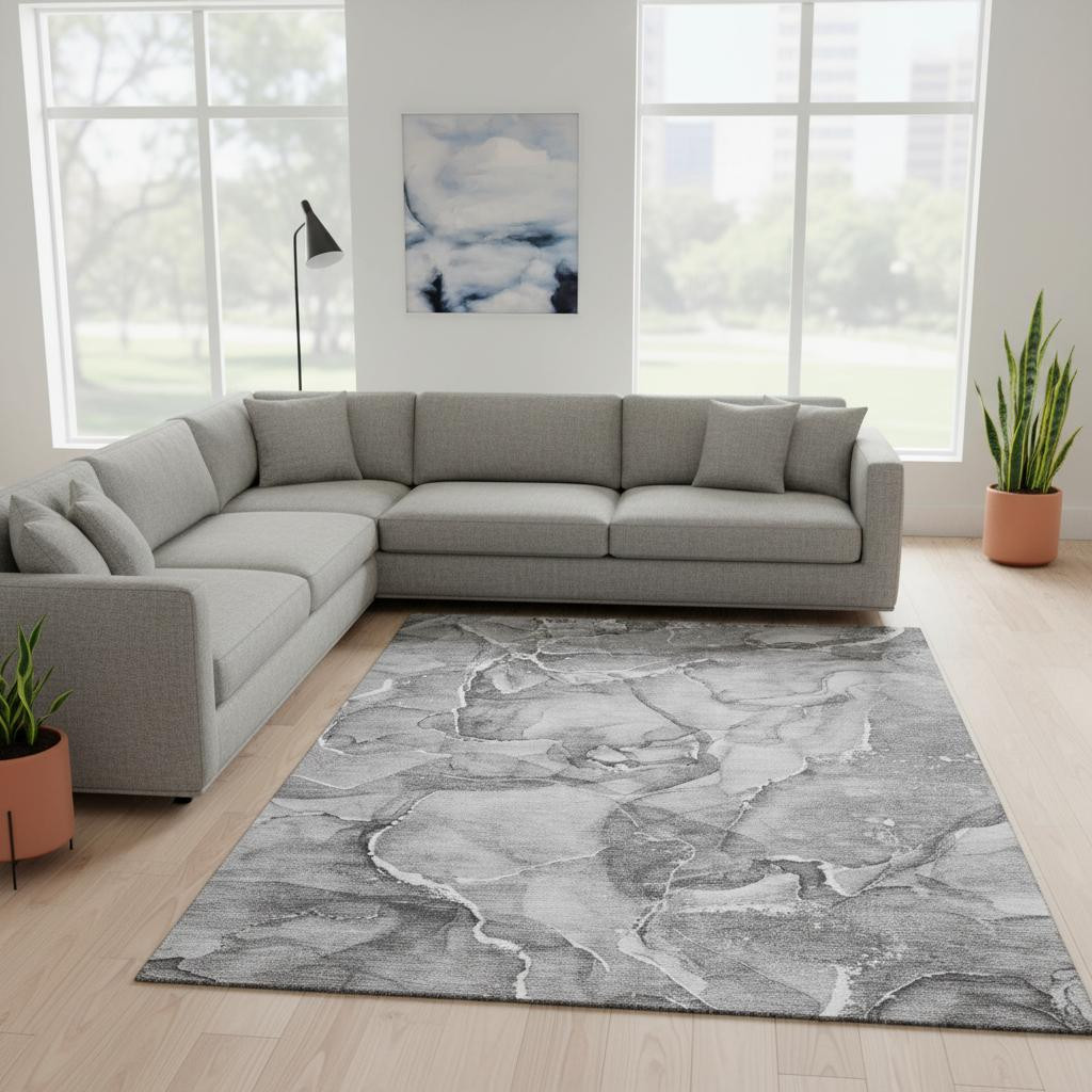 647276 8 x 10 ft. Pewter & Ivory Abstract Washable Machine Made Rectangle Area Rug with UV Protection