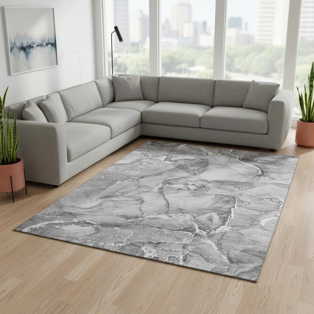 647278 10 x 14 ft. Pewter & Ivory Abstract Washable Machine Made Rectangle Area Rug with UV Protection