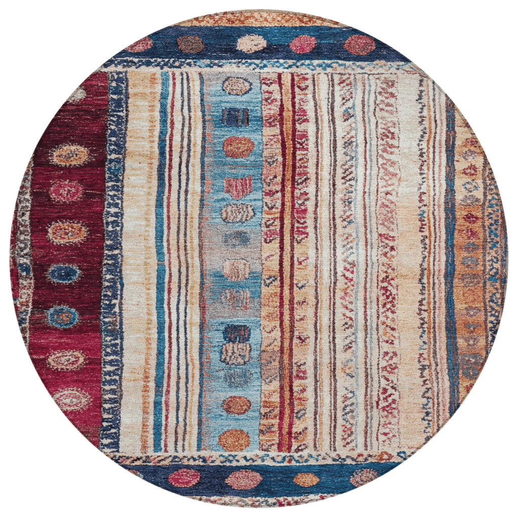 627358 8 ft. Navy Blue & Merlot Striped Washable Transitional Indoor & Outdoor Round Area Rug