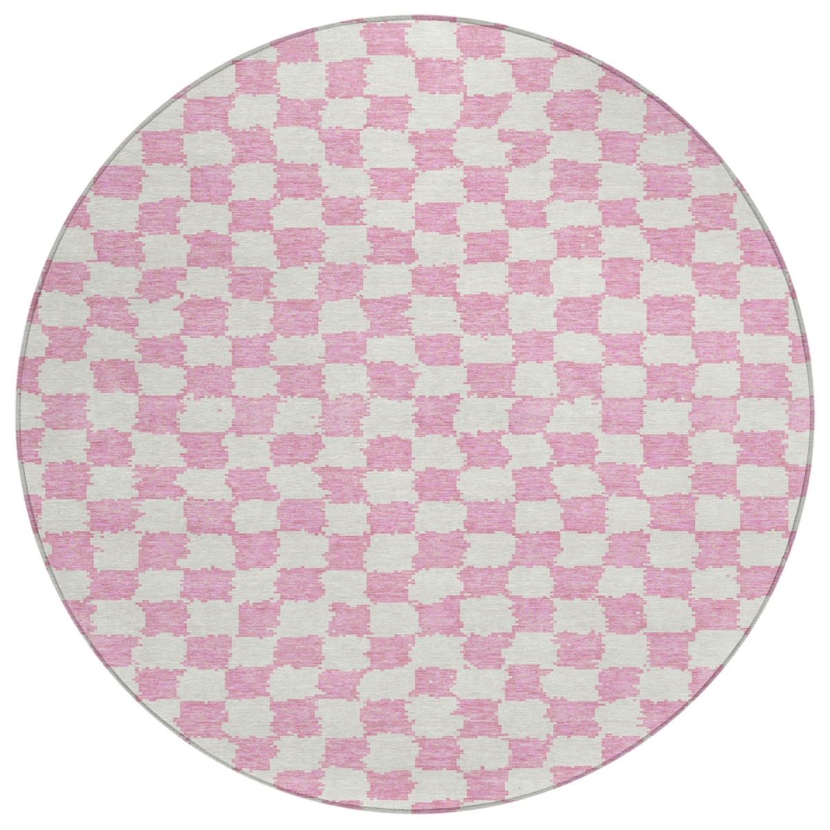 627226 8 ft. Pink & Ivory Geometric Washable Transitional Indoor & Outdoor Round Area Rug