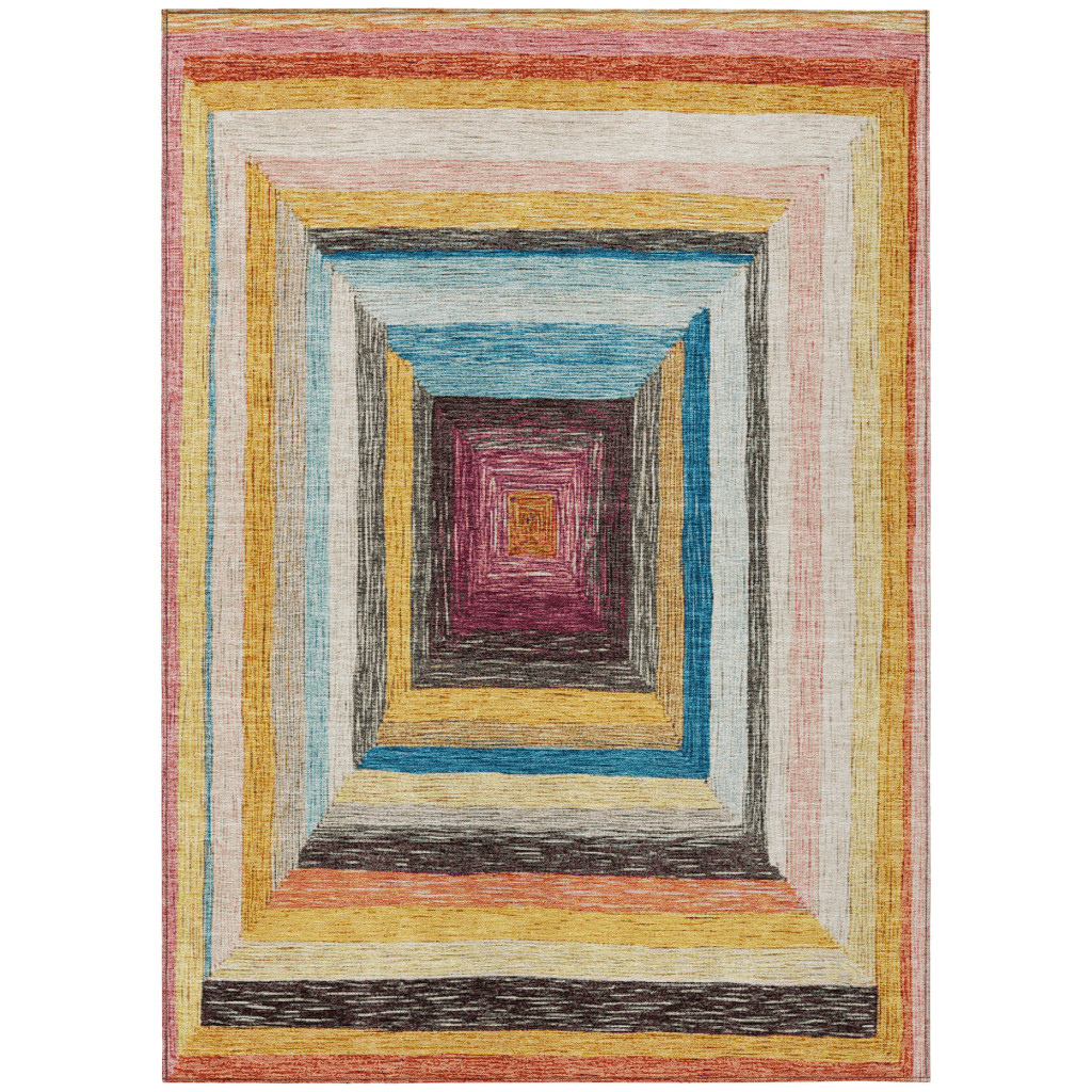 627157 10 x 14 ft. Amber Pink & Teal Blue Geometric Washable Transitional Indoor & Outdoor Rectangle Area Rug