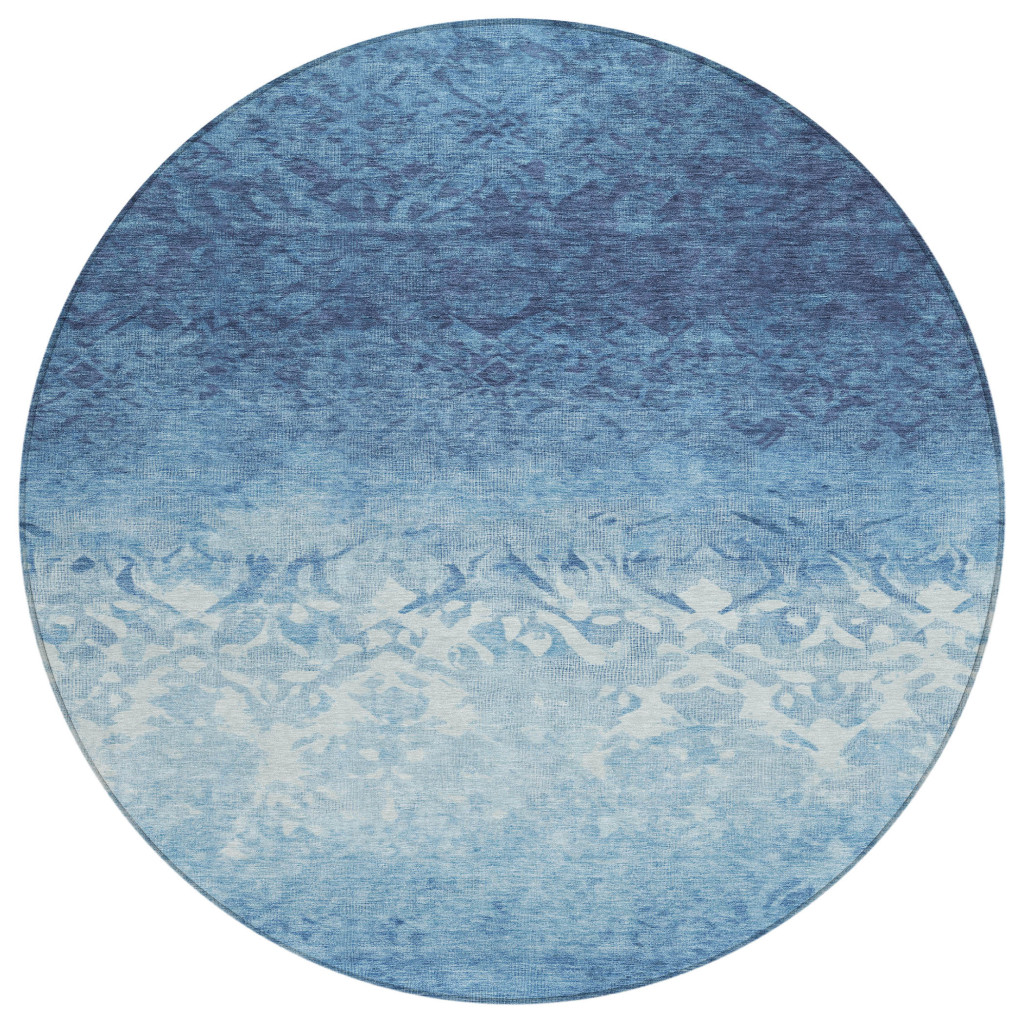 627250 8 ft. Denim Blue & Ivory Damask Washable Transitional Indoor & Outdoor Round Area Rug