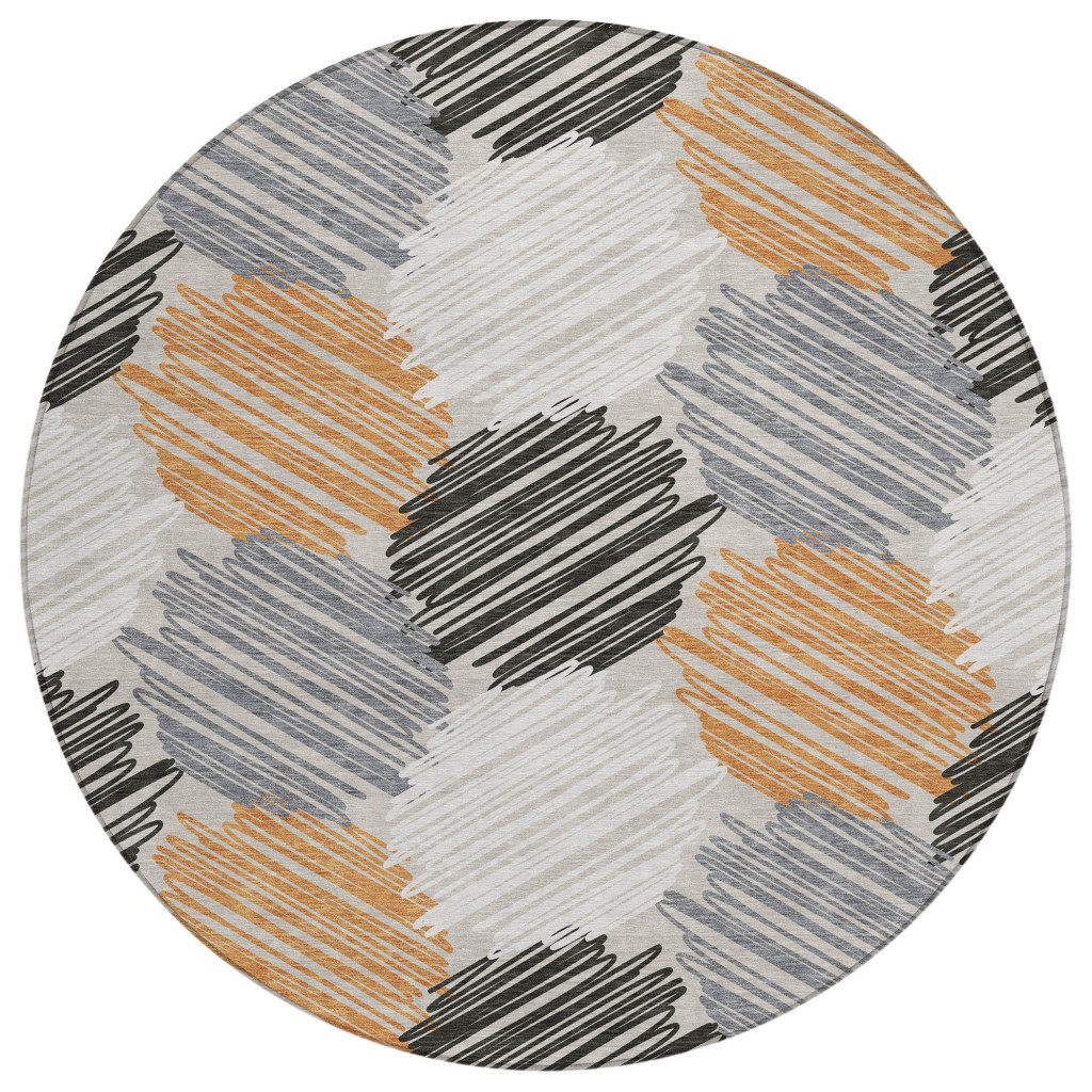 626710 8 ft. Copper, Ivory & Gray Geometric Washable Transitional Indoor & Outdoor Round Area Rug