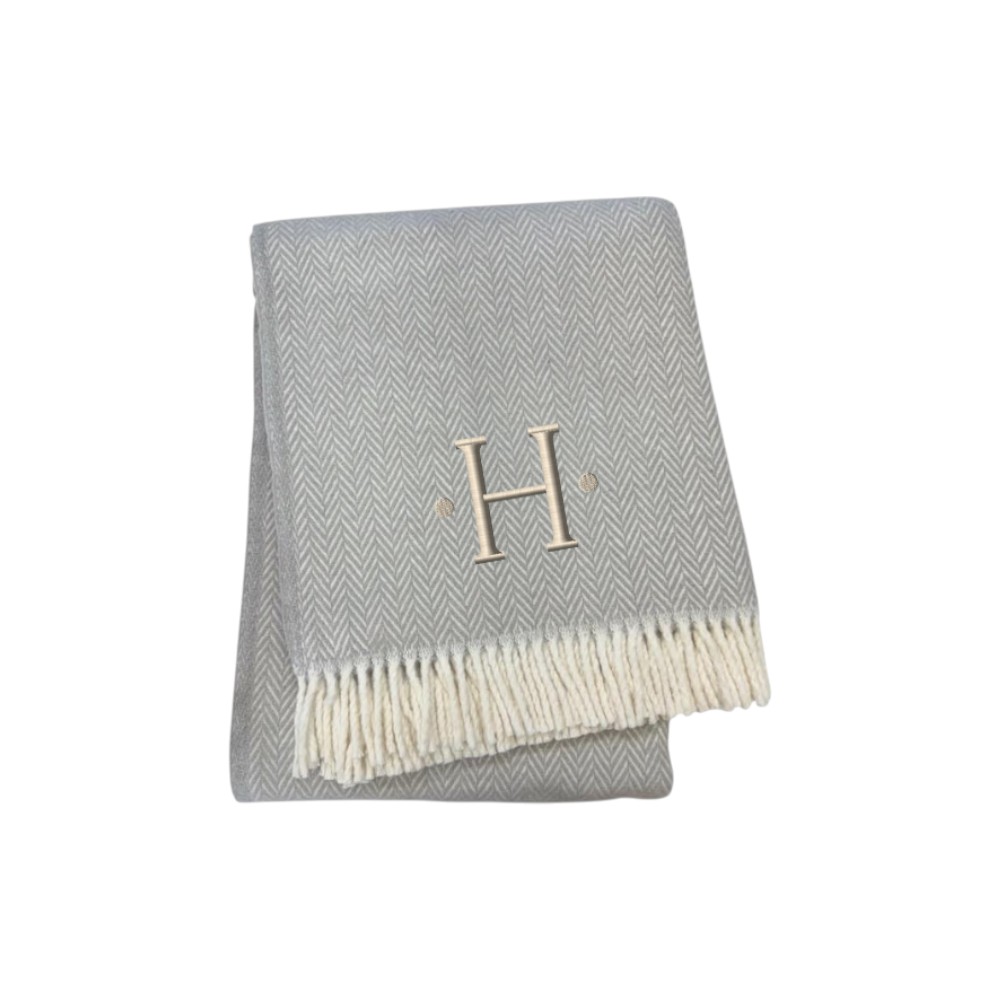 655531 70 x 55 x 0.50 in. Gray & White Herringbone Cotton Blend H Initial Throw Blanket with Tassels & Embroidery