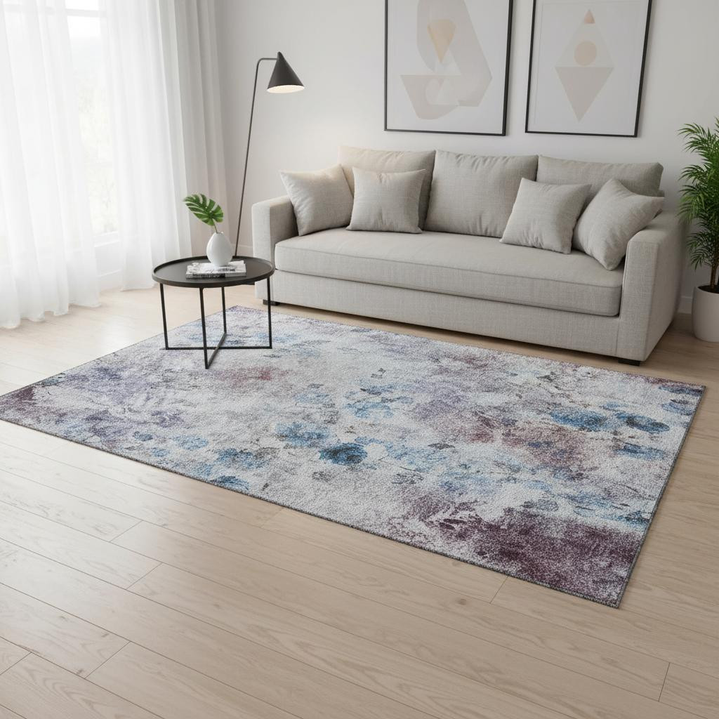 657697 5 x 8 ft. Blue Blush & Ivory Floral Washable Machine Made Rectangle Area Rug with UV Protection