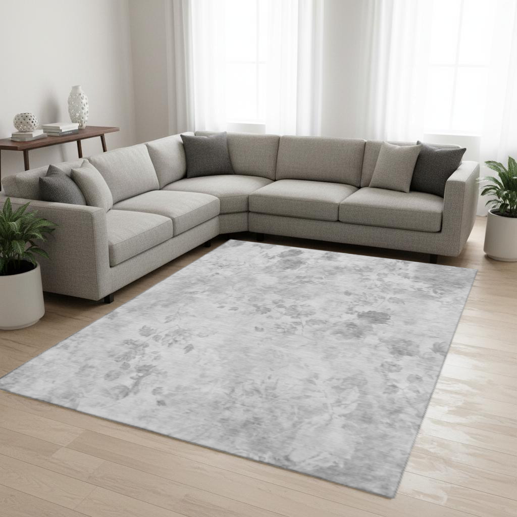 657712 9 x 12 ft. Gray & Silver Floral Transitional Washable Machine Made Rectangle Area Rug with UV Protection