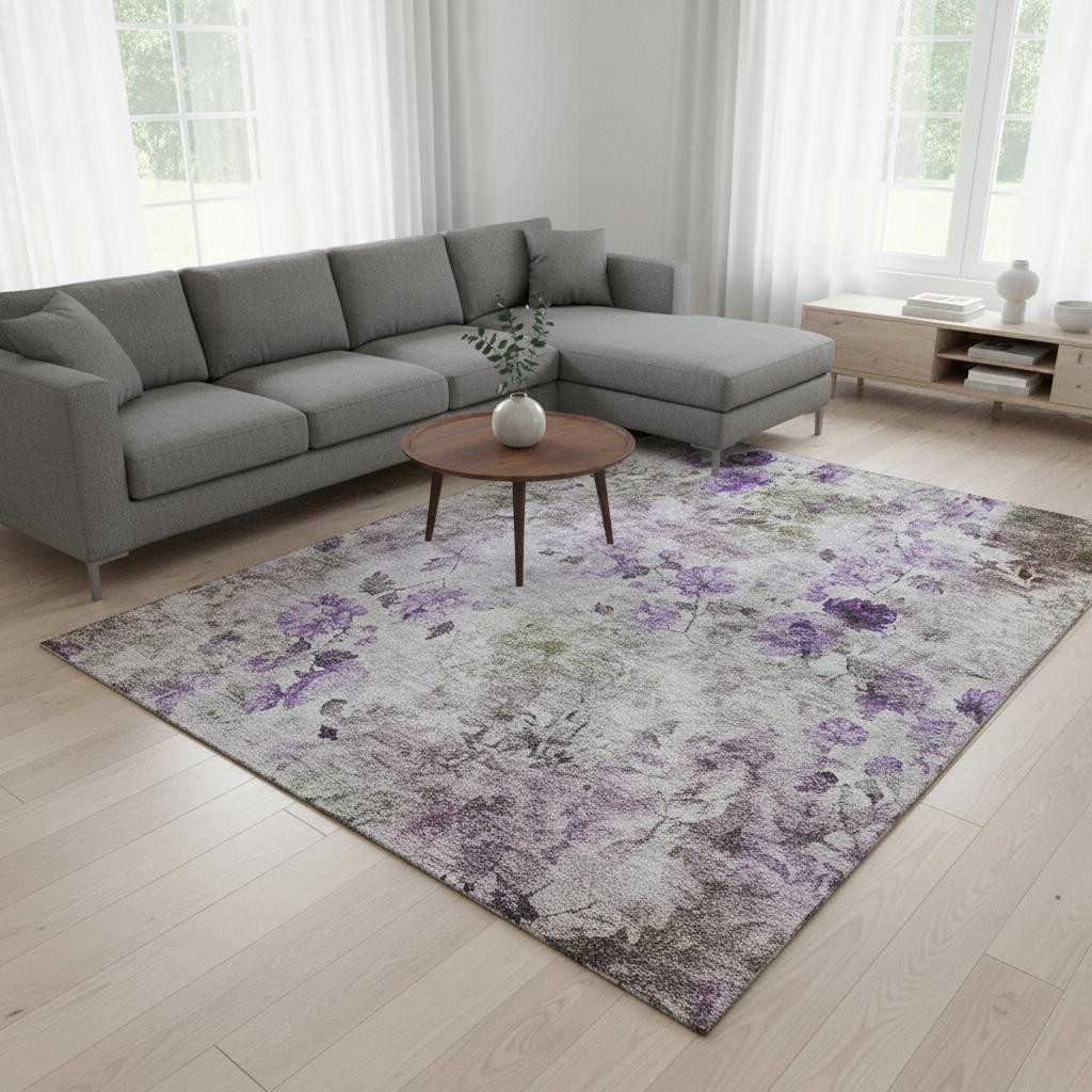 657731 10 x 14 ft. Purple, Gray & Ivory Floral Transitional Washable Machine Made Rectangle Area Rug with UV Protection