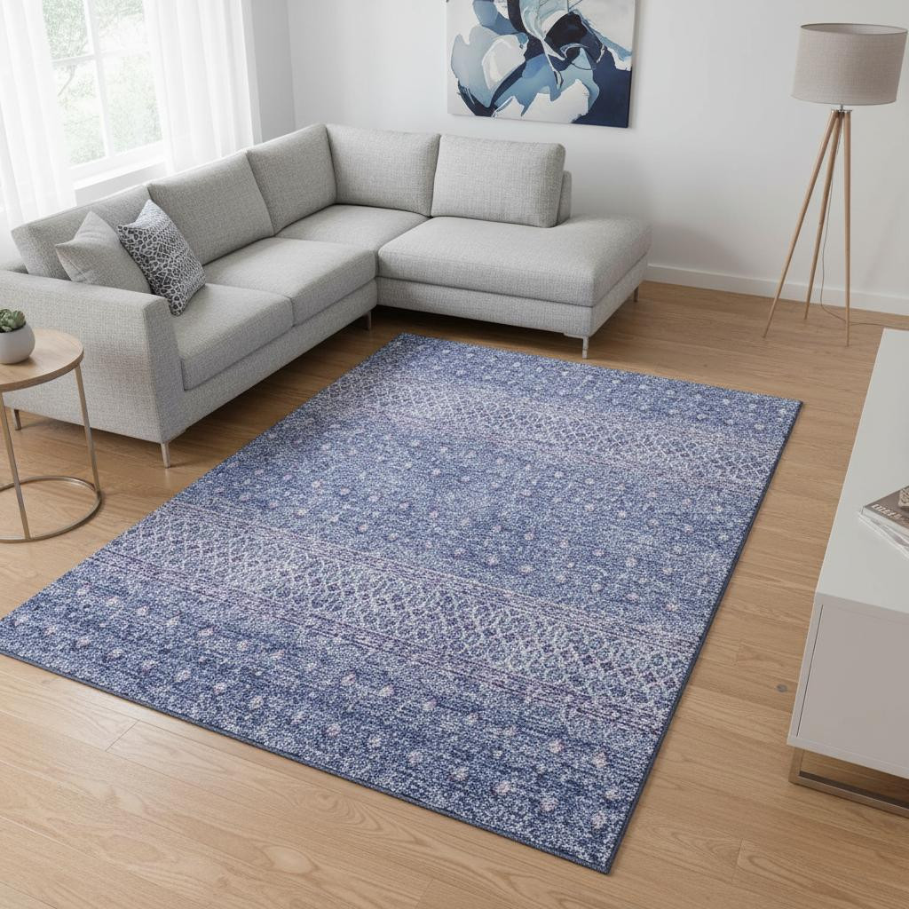 657185 10 x 14 ft. Sky Blue & Ivory Tribal Transitional Washable Machine Made Rectangle Area Rug with UV Protection