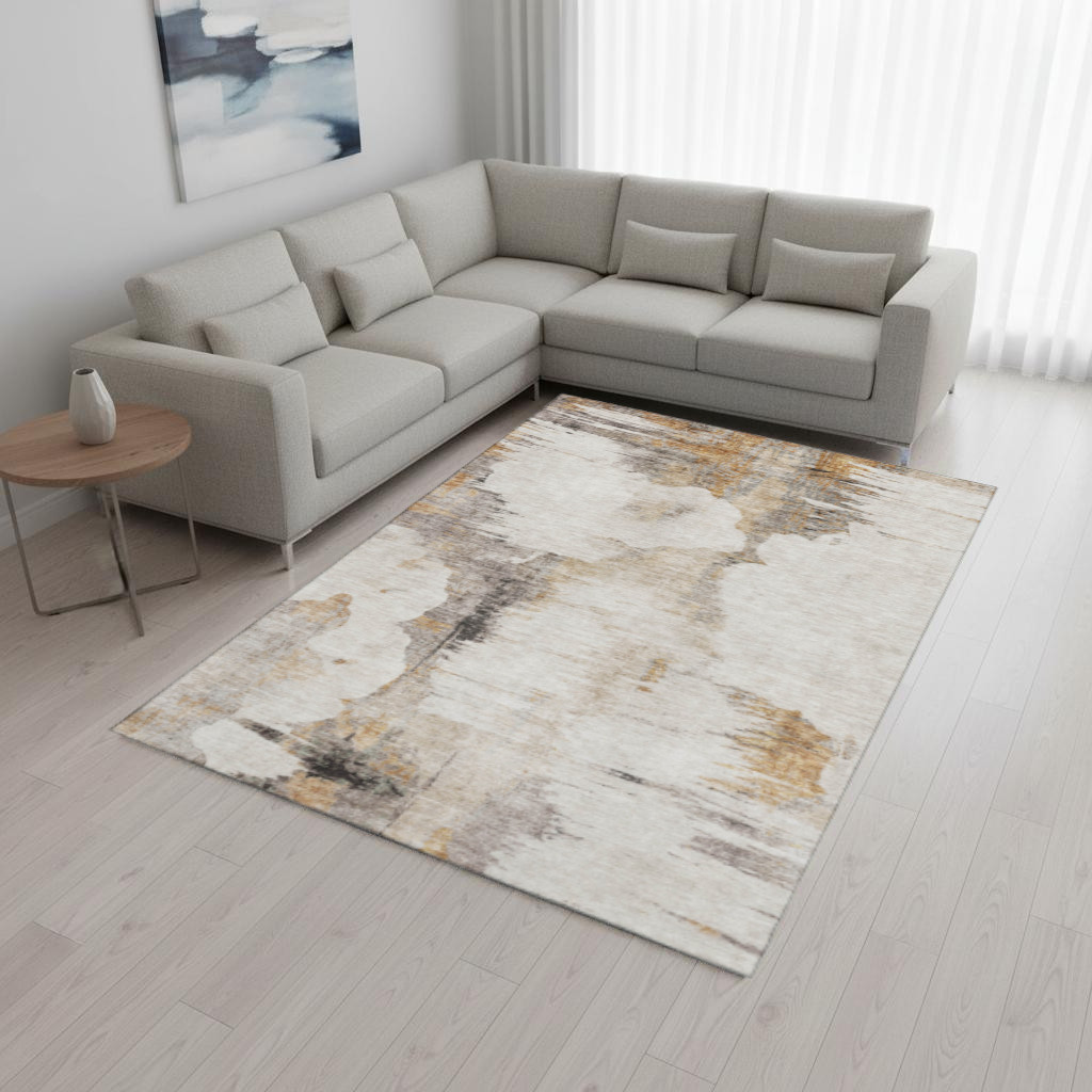 657207 8 x 10 ft. Beige, Gray & Ivory Abstract Transitional Washable Machine Made Rectangle Area Rug with UV Protection