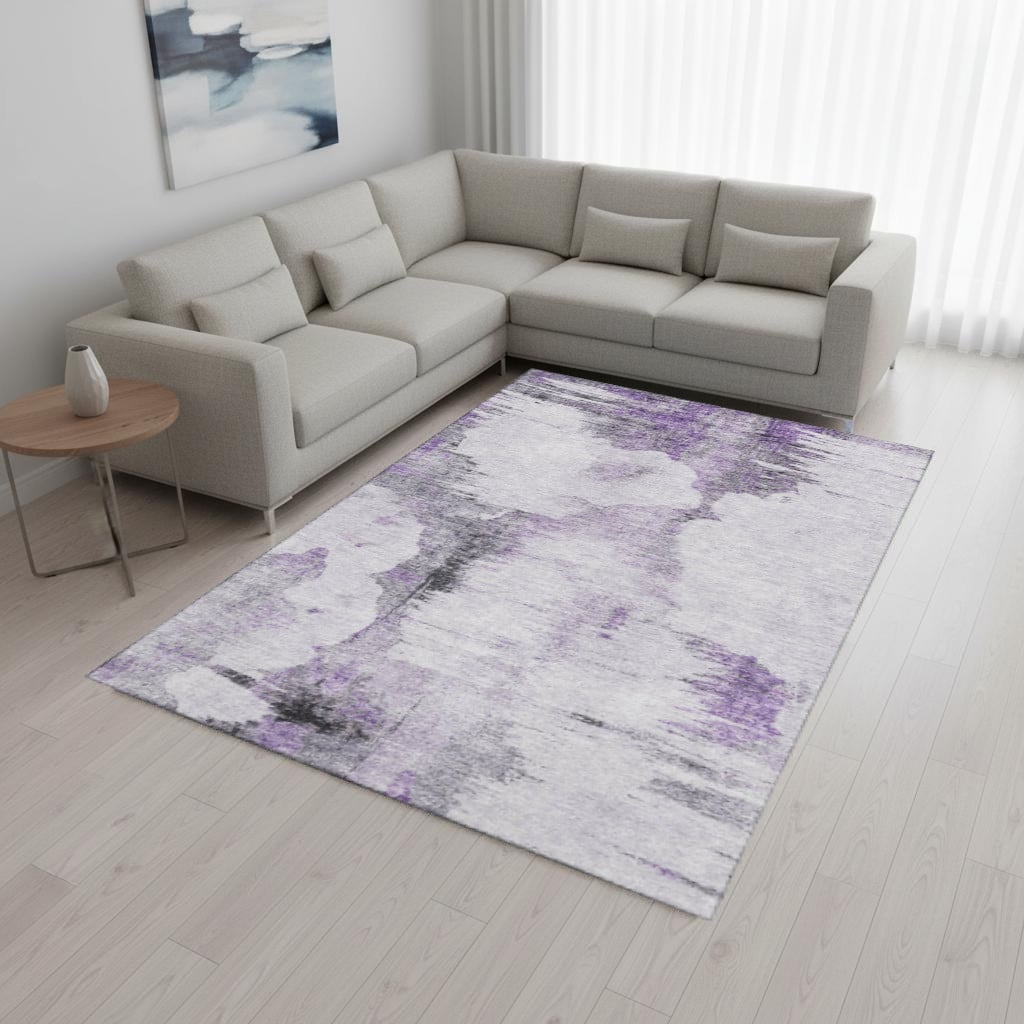 657225 8 x 10 ft. Purple, Gray & Ivory Abstract Transitional Washable Machine Made Rectangle Area Rug with UV Protection