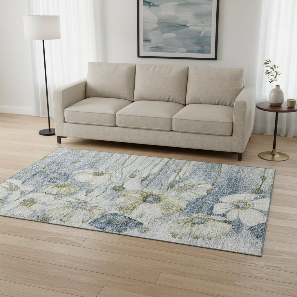 657295 5 x 8 ft. Blue, Ivory & Gold Floral Transitional Washable Machine Made Rectangle Area Rug with UV Protection