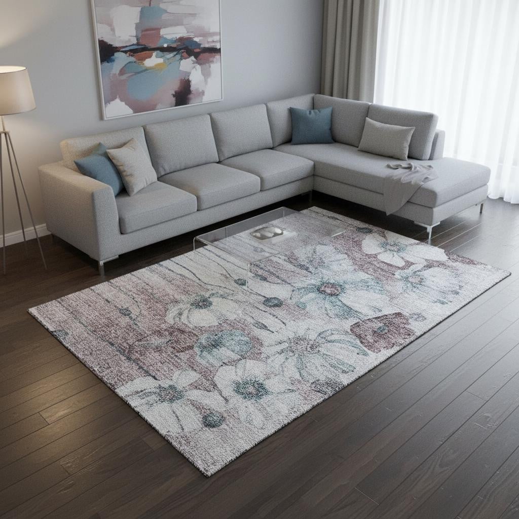 657327 8 x 10 ft. Teal Mauve & Ivory Floral Washable Machine Made Rectangle Area Rug with UV Protection