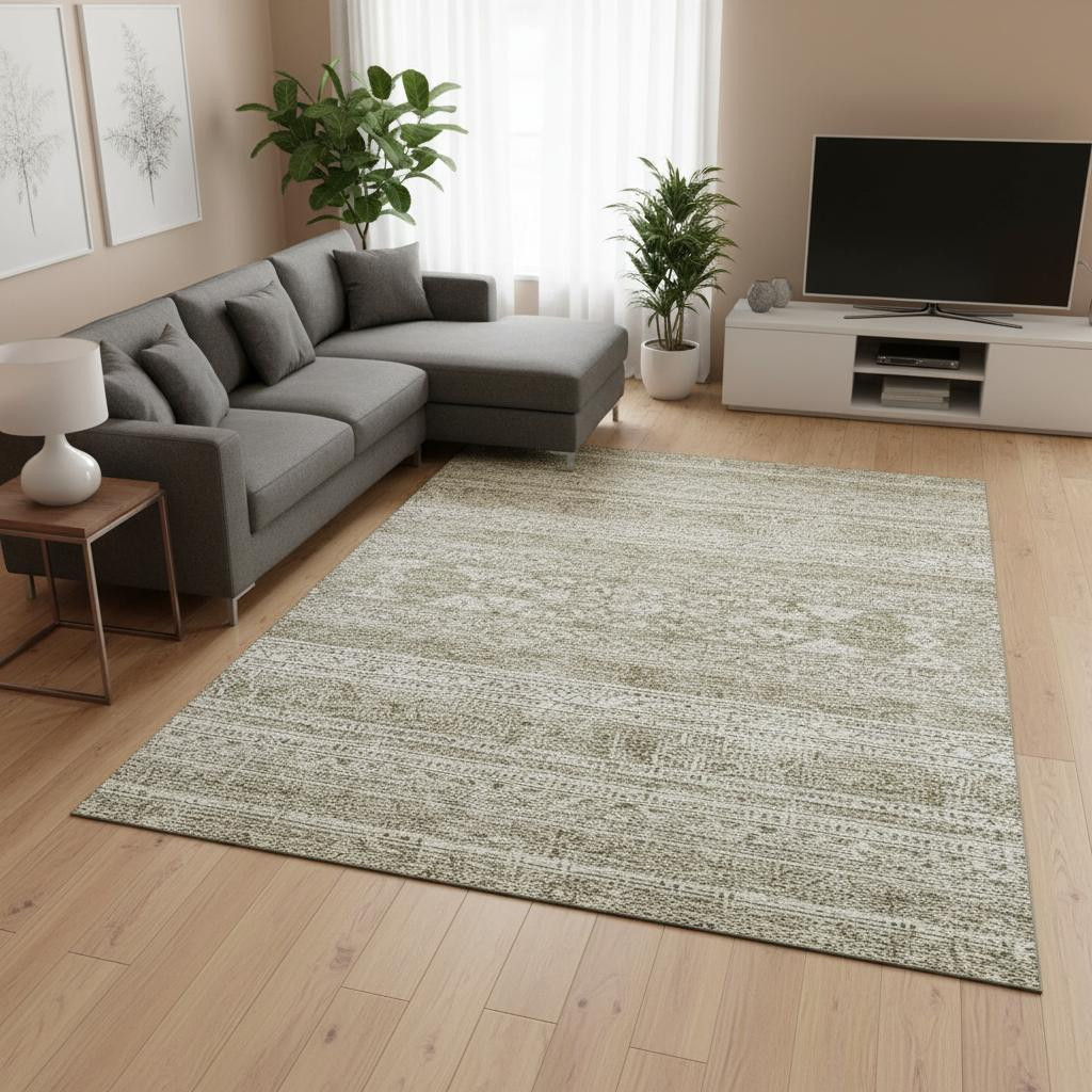 657425 10 x 14 ft. Khaki & Ivory Southwestern Washable Machine Made Rectangle Area Rug with UV Protection