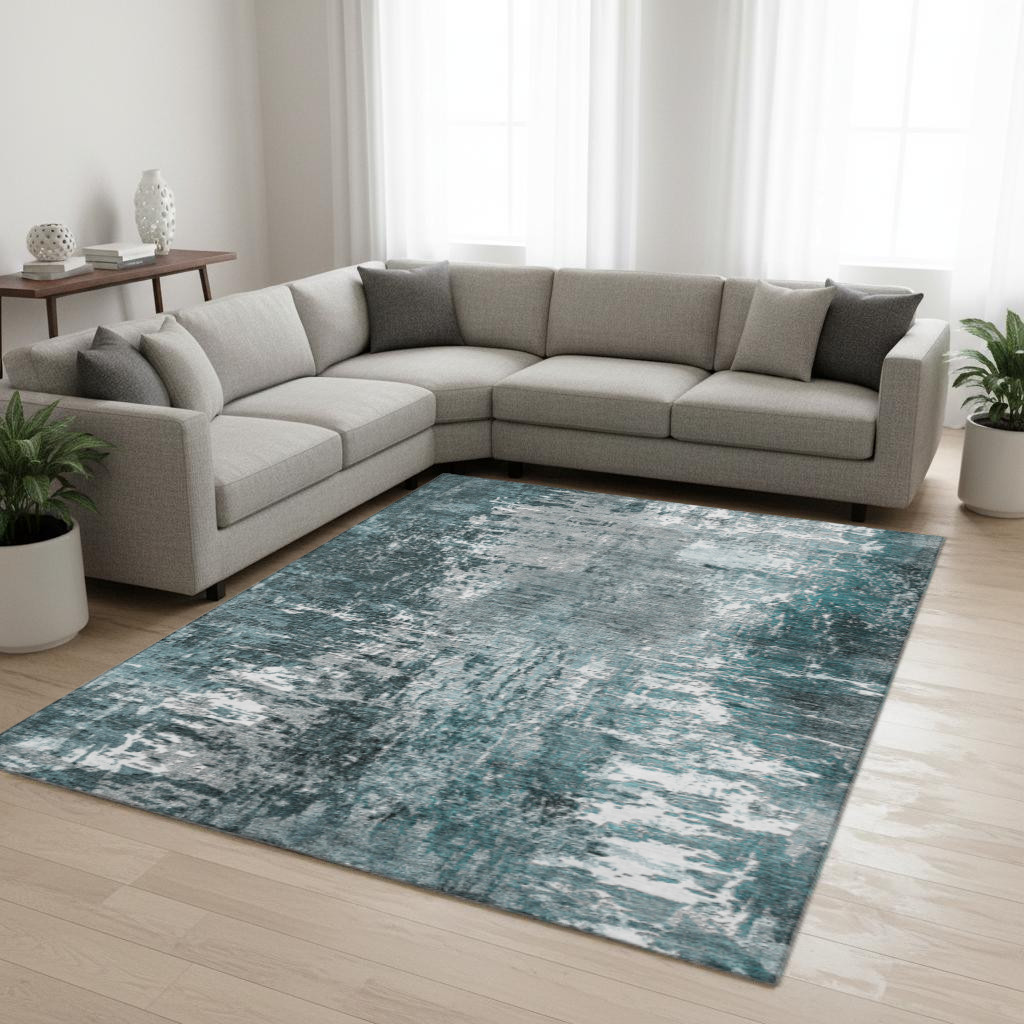 657527 10 x 14 ft. Teal & Ivory Abstract Transitional Washable Machine Made Rectangle Area Rug with UV Protection