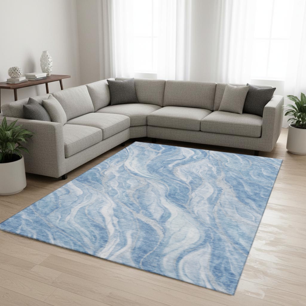 657580 9 x 12 ft. Blue & Ivory Abstract Transitional Washable Machine Made Rectangle Area Rug with UV Protection