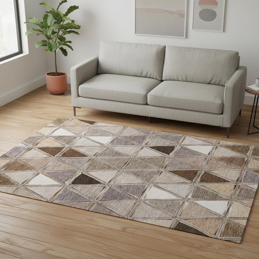 657613 5 x 8 ft. Brown, Gray & Ivory Geometric Washable Machine Made Rectangle Area Rug with UV Protection