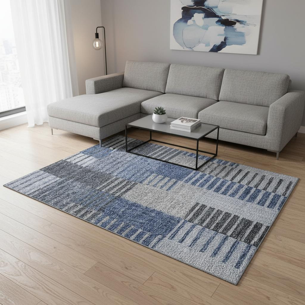 656249 9 x 12 ft. Blue, Ivory & Gray Striped Transitional Washable Machine Made Rectangle Area Rug with UV Protection
