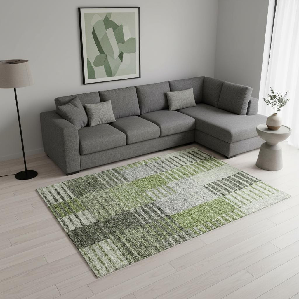 656254 8 x 10 ft. Green, Ivory & Gray Striped Transitional Washable Machine Made Rectangle Area Rug with UV Protection