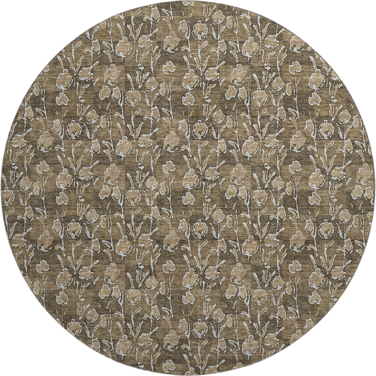 656433 8 ft. Brown & Ivory Floral Transitional Washable Round Area Rug with UV Protection