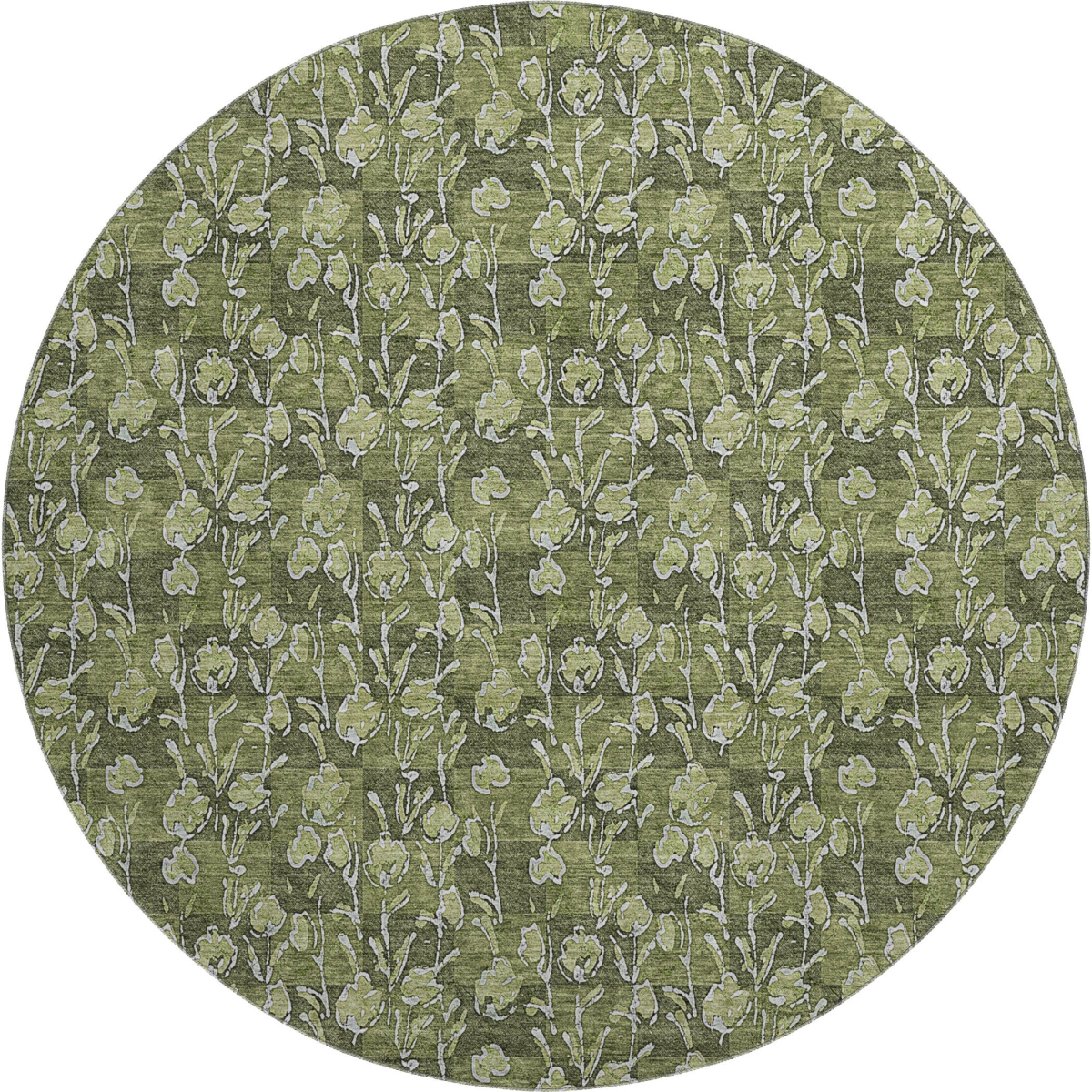 656457 8 ft. Olive Green & Ivory Floral Transitional Washable Round Area Rug with UV Protection