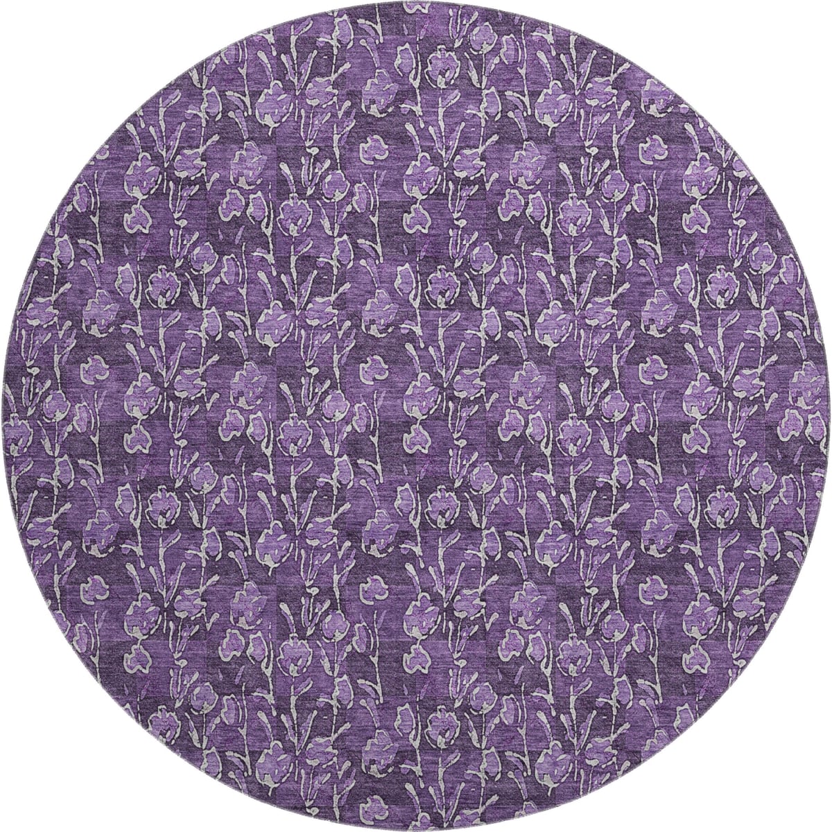 656463 8 ft. Purple & Ivory Floral Transitional Washable Round Area Rug with UV Protection