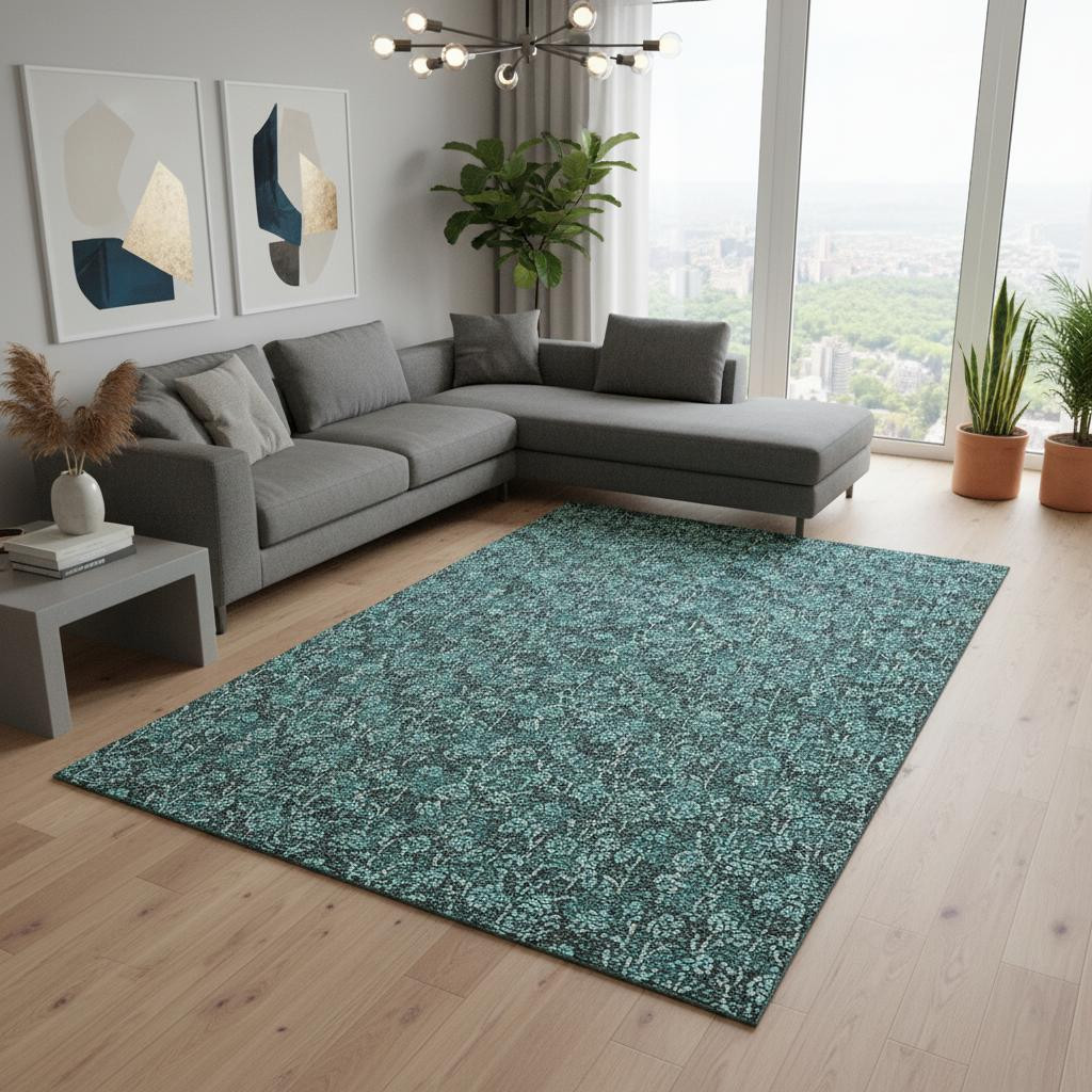 656472 10 x 14 ft. Teal & Ivory Floral Transitional Washable Machine Made Rectangle Area Rug with UV Protection