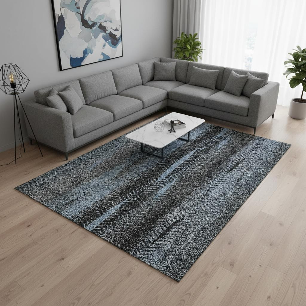 656489 10 x 14 ft. Blue & Gray Striped Transitional Washable Machine Made Rectangle Area Rug with UV Protection