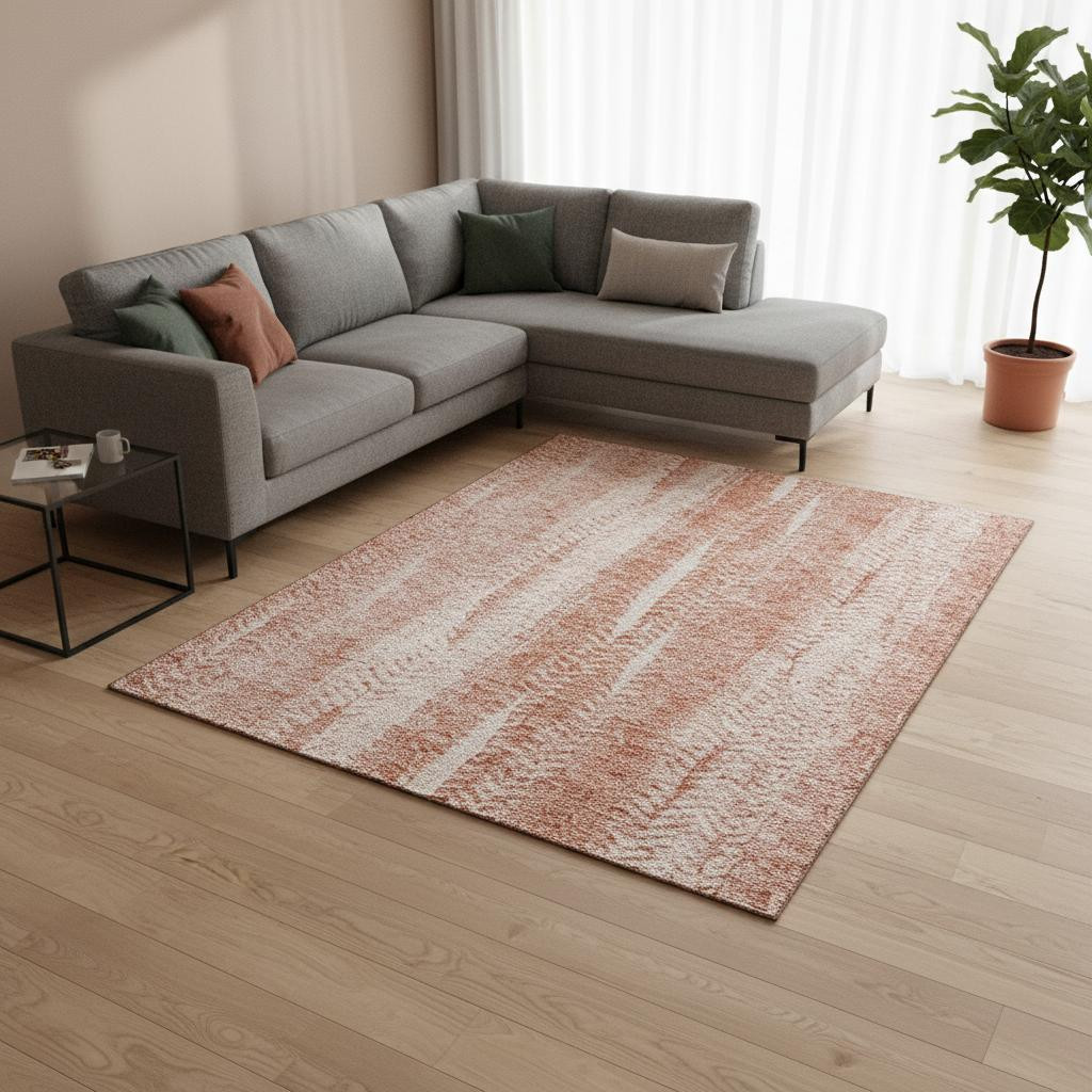 656525 10 x 14 ft. Coral & Ivory Striped Transitional Washable Machine Made Rectangle Area Rug with UV Protection