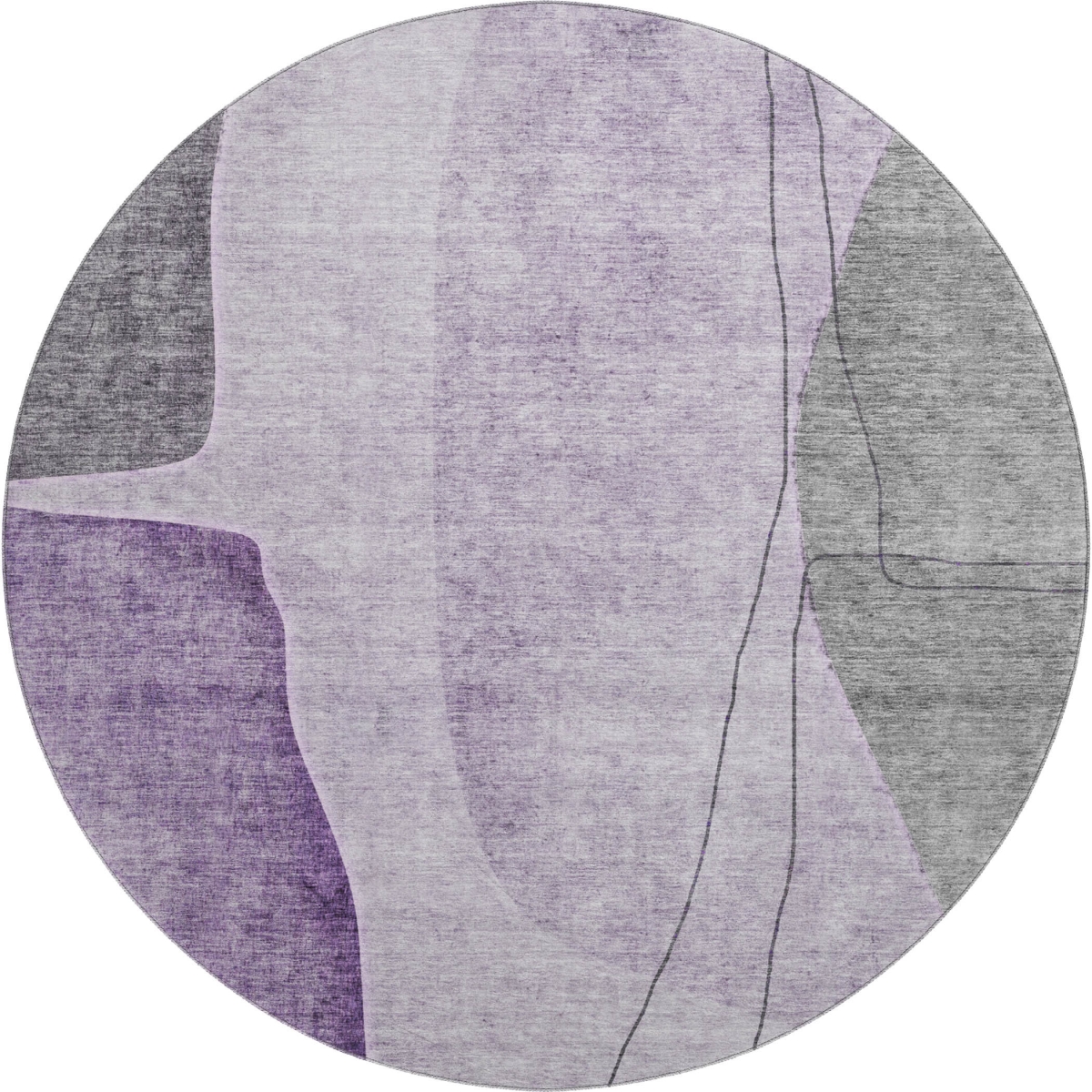 656576 8 ft. Purple, Gray & Ivory Abstract Transitional Washable Round Area Rug with UV Protection