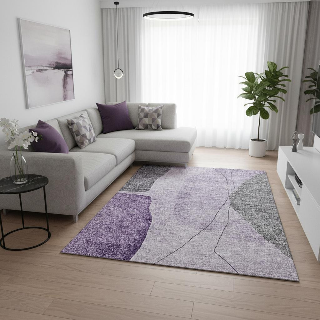 656578 9 x 12 ft. Purple, Gray & Ivory Abstract Transitional Washable Machine Made Rectangle Area Rug with UV Protection
