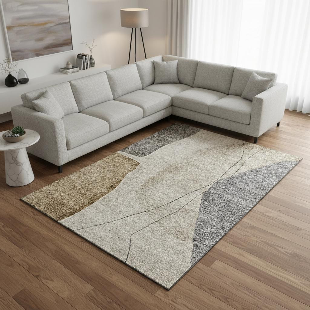 656589 8 x 10 ft. Taupe Beige & Gray Abstract Transitional Washable Machine Made Rectangle Area Rug with UV Protection