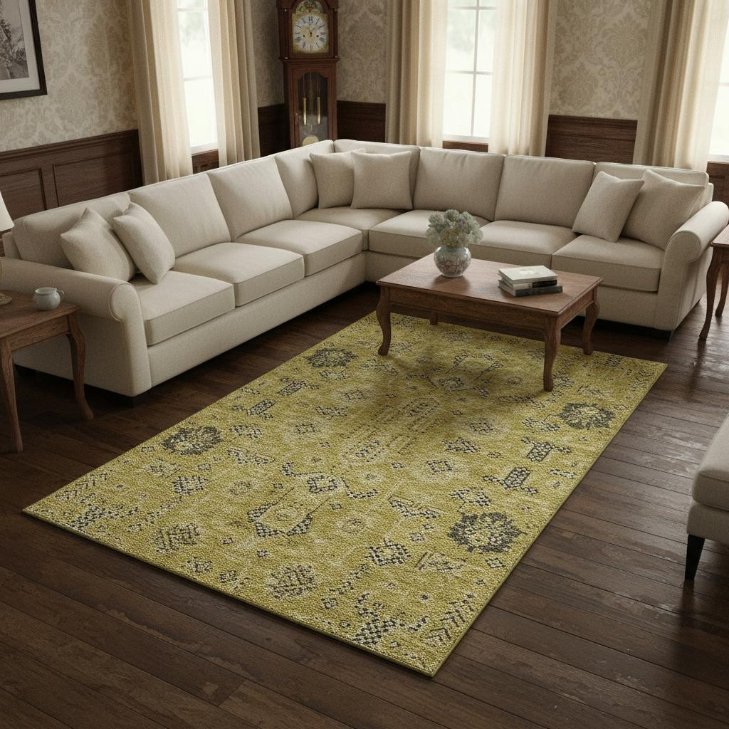 656619 8 x 10 ft. Gold Charcoal & Gray Oriental Washable Machine Made Rectangle Area Rug with UV Protection