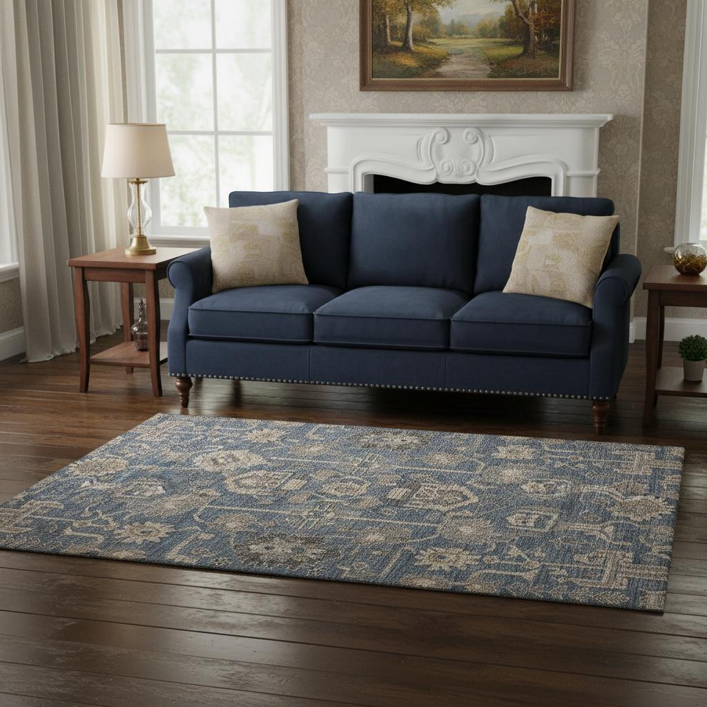 656647 5 x 8 ft. Navy Blue Beige & Charcoal Oriental Washable Machine Made Rectangle Area Rug with UV Protection