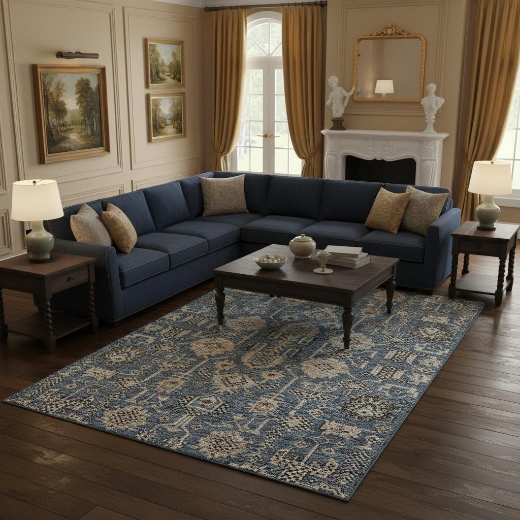 656650 9 x 12 ft. Navy Blue Beige & Charcoal Oriental Washable Machine Made Rectangle Area Rug with UV Protection