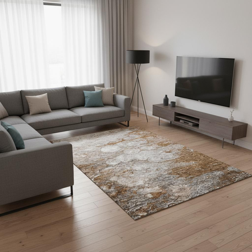 656735 10 x 14 ft. Terra Cotta Ivory & Gray Abstract Transitional Washable Machine Made Rectangle Area Rug with UV Protection