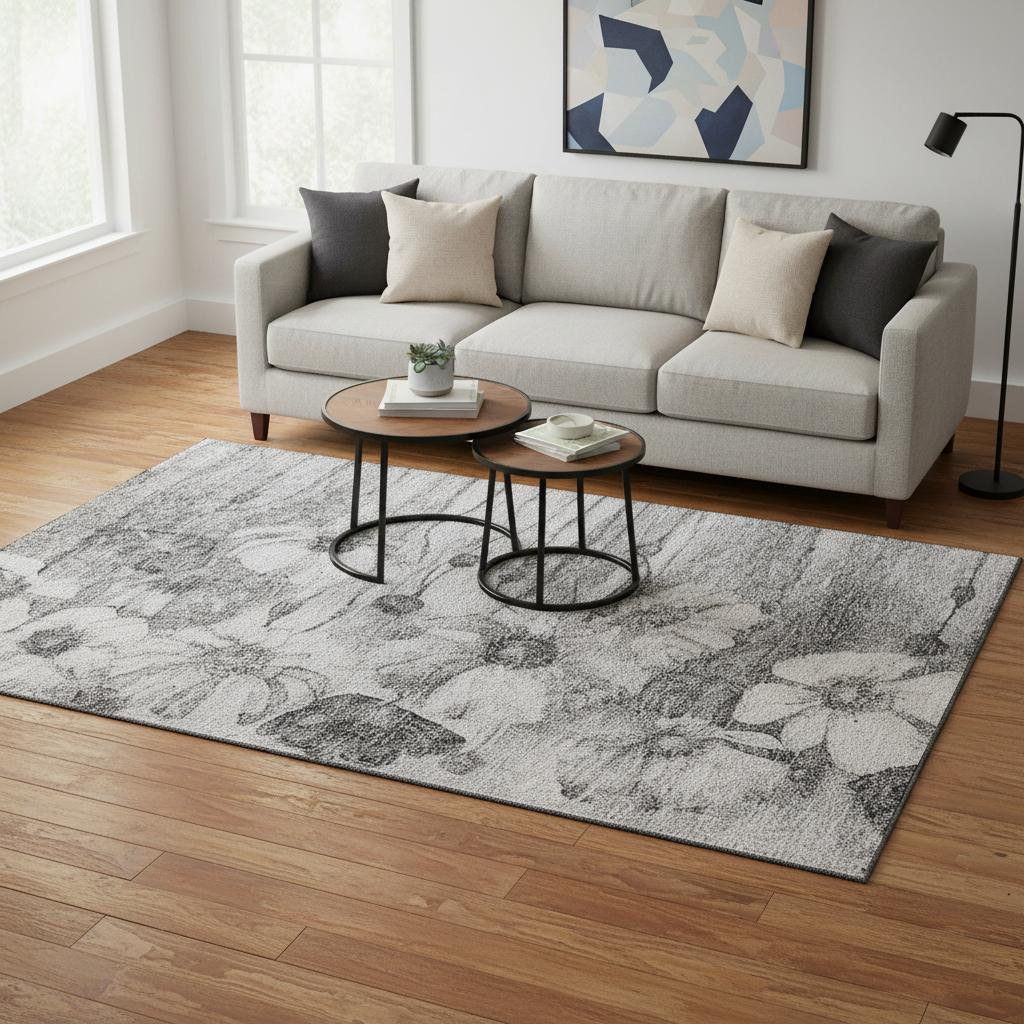 657301 5 x 8 ft. Gray & Silver Floral Transitional Washable Machine Made Rectangle Area Rug with UV Protection