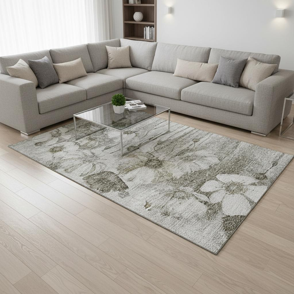 657333 8 x 10 ft. Taupe & Ivory Floral Transitional Washable Machine Made Rectangle Area Rug with UV Protection