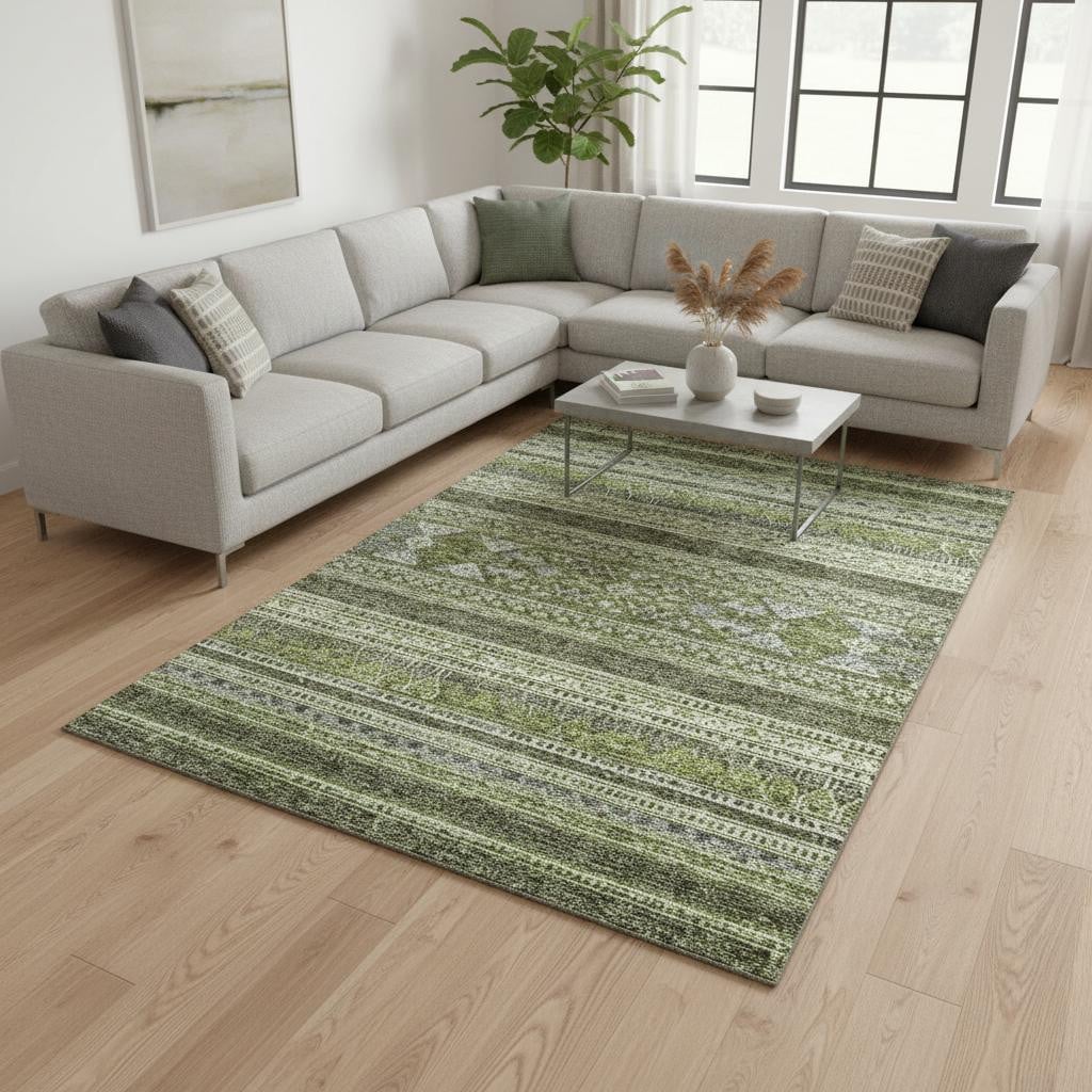 657437 10 x 14 ft. Olive Green, Gray & Ivory Southwestern Washable Machine Made Rectangle Area Rug with UV Protection