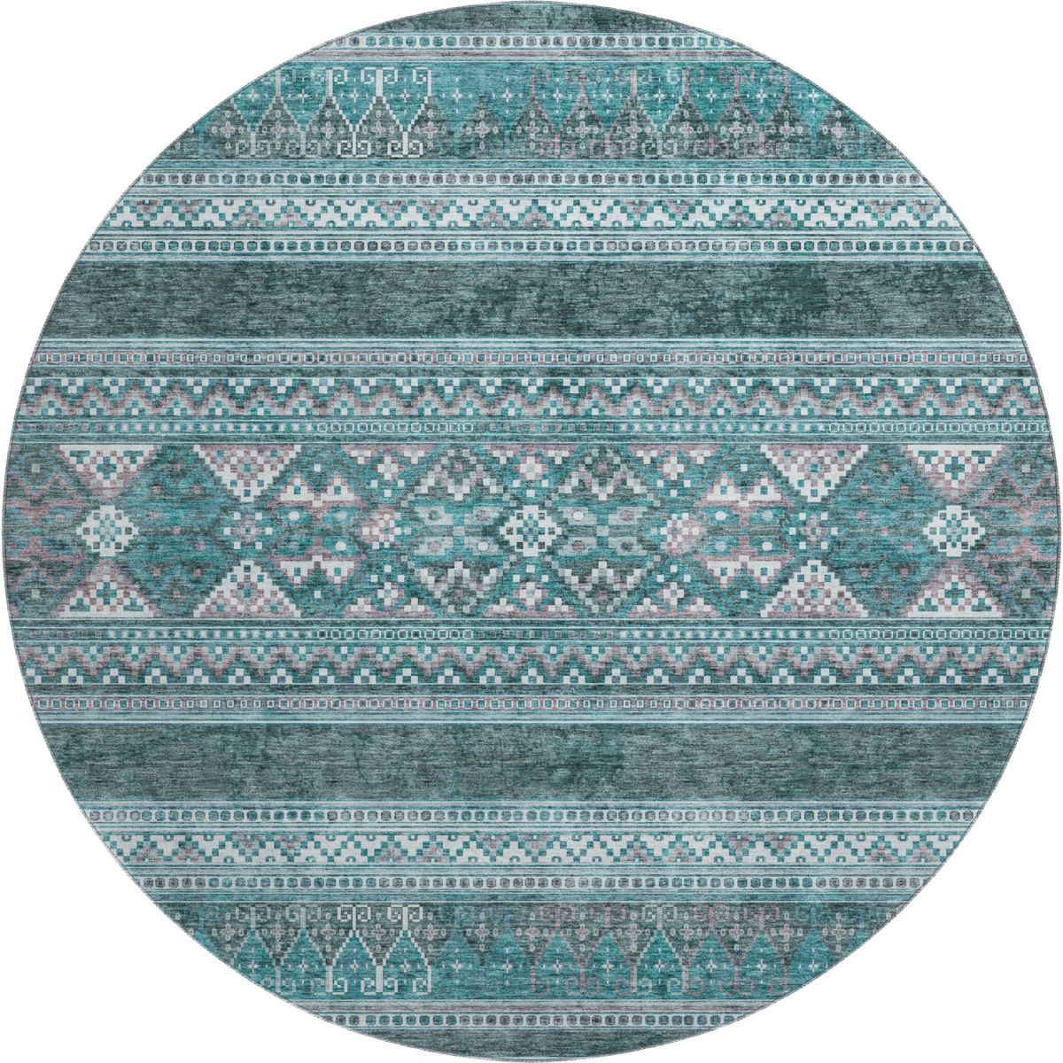 657458 8 ft. Teal & Ivory Southwestern Transitional Washable Round Area Rug with UV Protection