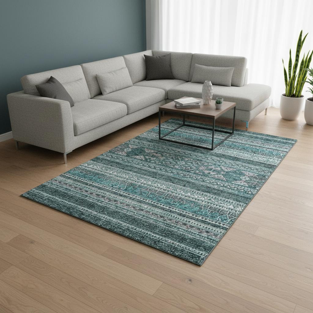 657460 9 x 12 ft. Teal & Ivory Southwestern Transitional Washable Machine Made Rectangle Area Rug with UV Protection