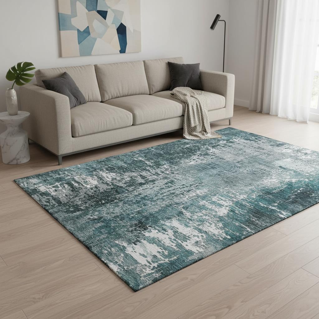 657523 5 x 8 ft. Teal & Ivory Abstract Transitional Washable Machine Made Rectangle Area Rug with UV Protection