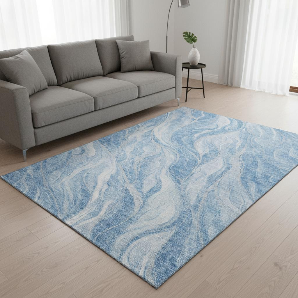 657577 5 x 8 ft. Blue & Ivory Abstract Transitional Washable Machine Made Rectangle Area Rug with UV Protection