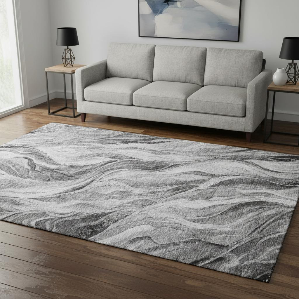 657589 5 x 8 ft. Gray & Ivory Abstract Transitional Washable Machine Made Rectangle Area Rug with UV Protection