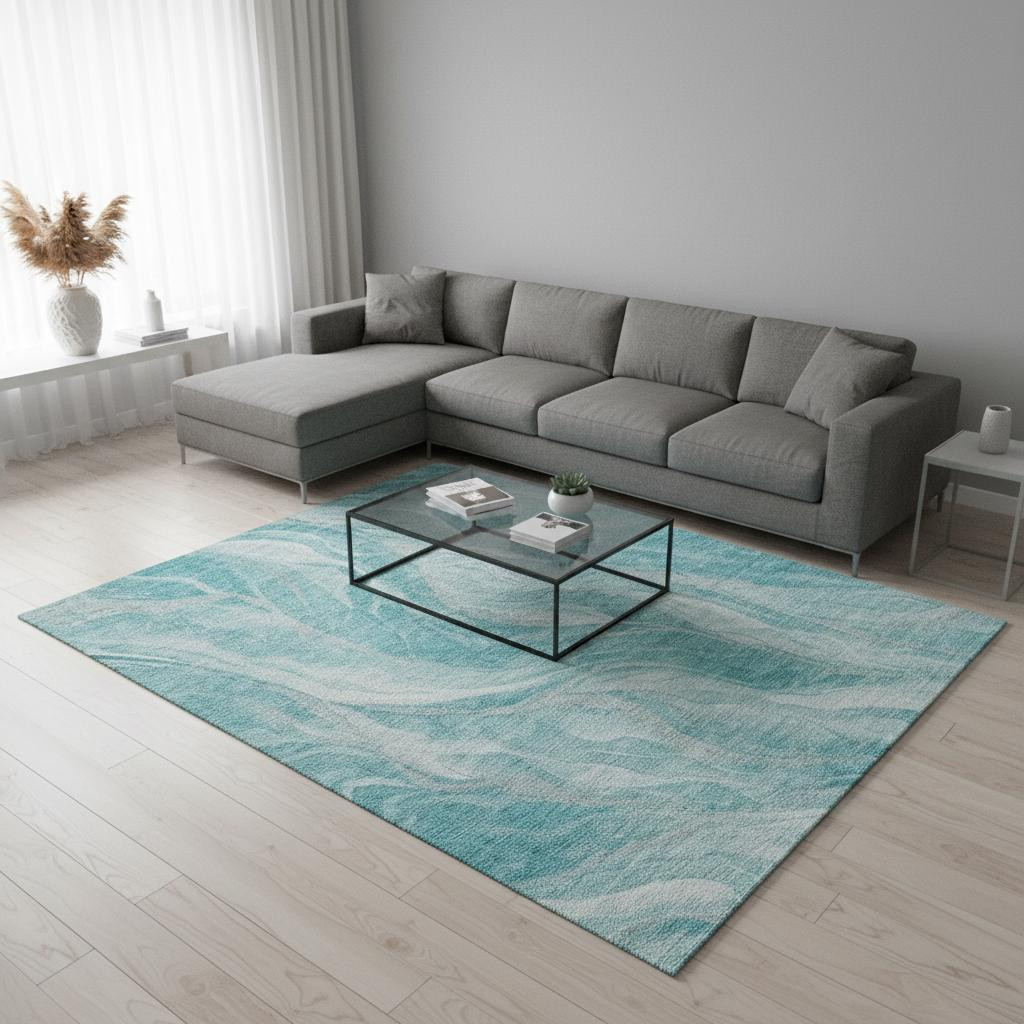 657599 10 x 14 ft. Teal & Ivory Abstract Transitional Washable Machine Made Rectangle Area Rug with UV Protection