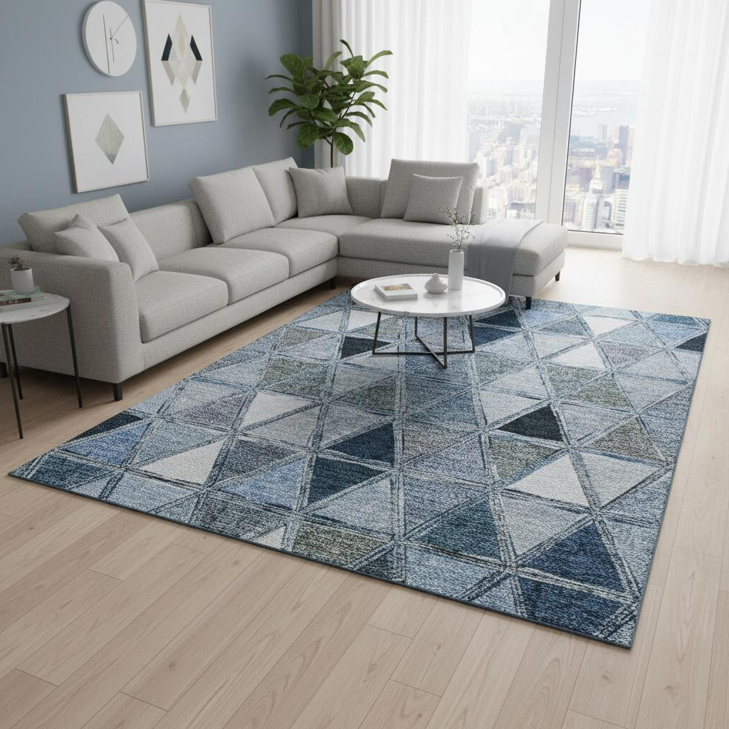 657621 8 x 10 ft. Blue, Gray & Ivory Geometric Transitional Washable Machine Made Rectangle Area Rug with UV Protection