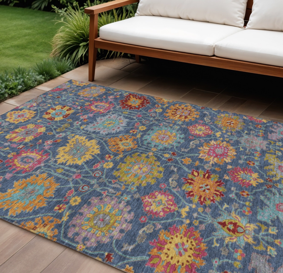 657845 9 x 12 ft. Navy Blue Gold & Pink Damask Washable Transitional Indoor & Outdoor Rectangle Area Rug